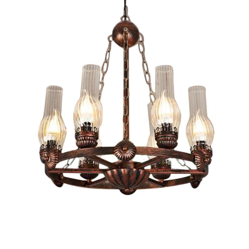 6 Bulbs Wagon Wheel Chandelier Light Traditional Clear Ribbed Glass Hanging Ceiling Fixture in Copper - Rebooters