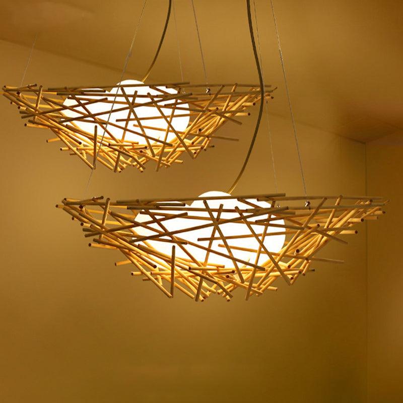 Birdnest Suspension Pendant Contemporary Wood 1 Bulb Beige Light Kit - Rebooters