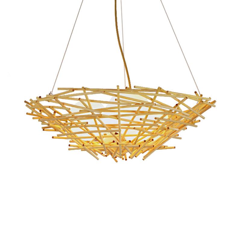Birdnest Suspension Pendant Contemporary Wood 1 Bulb Beige Light Kit - Rebooters