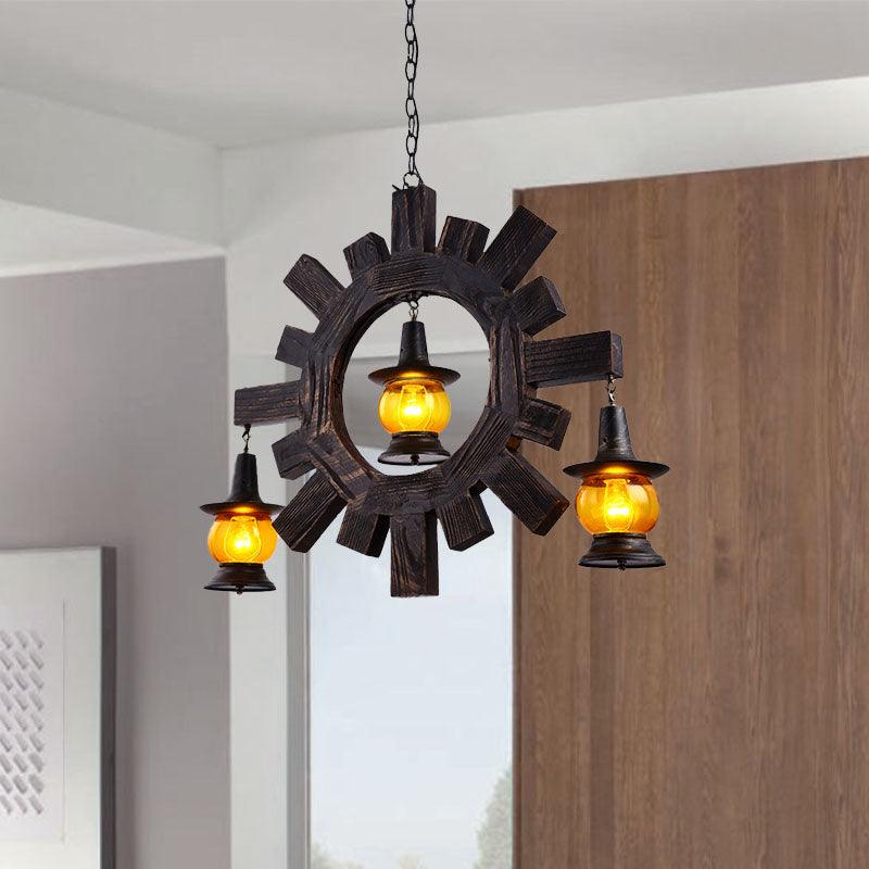 Amber Glass Black Chandelier Light Kerosene 3 Lights Fixture - Rebooters