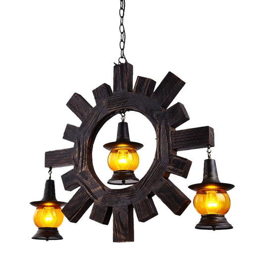 Amber Glass Black Chandelier Light Kerosene 3 Lights Fixture - Rebooters