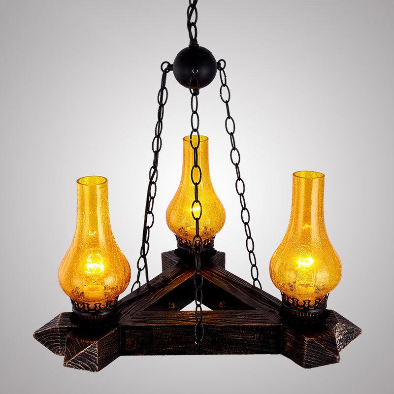 3 Lights Amber Crackle Glass Ceiling Chandelier Retro Dark Wood Vase - Rebooters