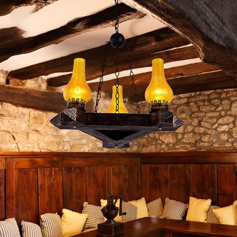 3 Lights Amber Crackle Glass Ceiling Chandelier Retro Dark Wood Vase - Rebooters