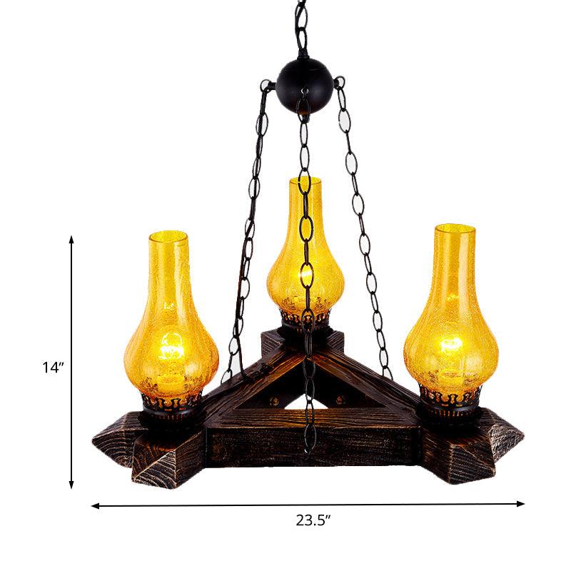 3 Lights Amber Crackle Glass Ceiling Chandelier Retro Dark Wood Vase - Rebooters