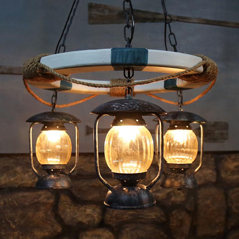 3 Lights Chandelier Lighting Factory Lantern Clear Glass Hanging Light Fixture in Blue - Rebooters