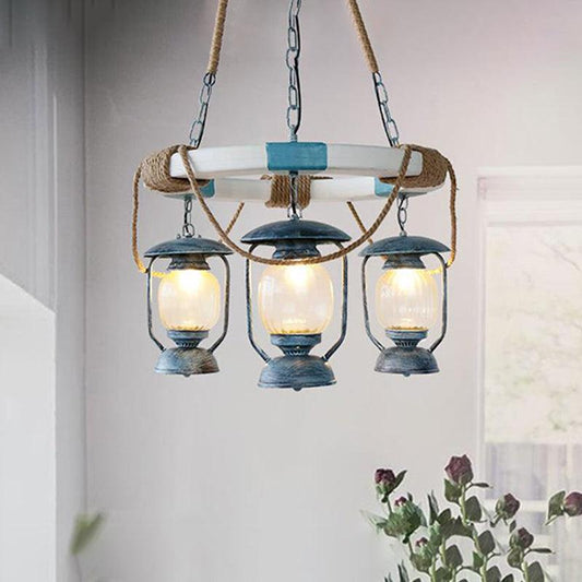 3 Lights Chandelier Lighting Factory Lantern Clear Glass Hanging Light Fixture in Blue - Rebooters