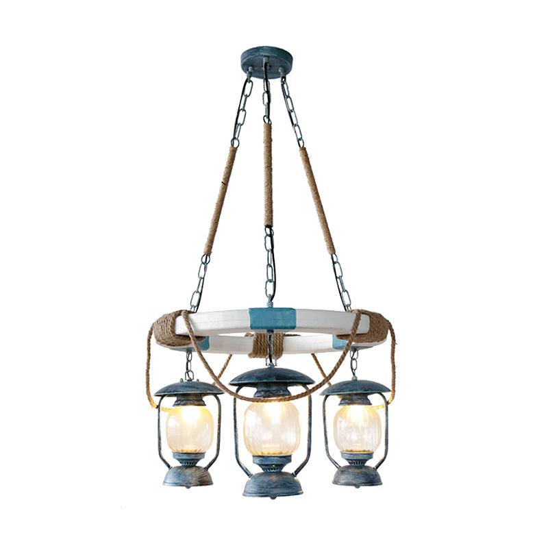 3 Lights Chandelier Lighting Factory Lantern Clear Glass Hanging Light Fixture in Blue - Rebooters