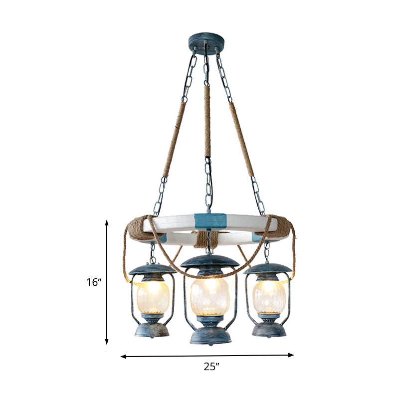 3 Lights Chandelier Lighting Factory Lantern Clear Glass Hanging Light Fixture in Blue - Rebooters