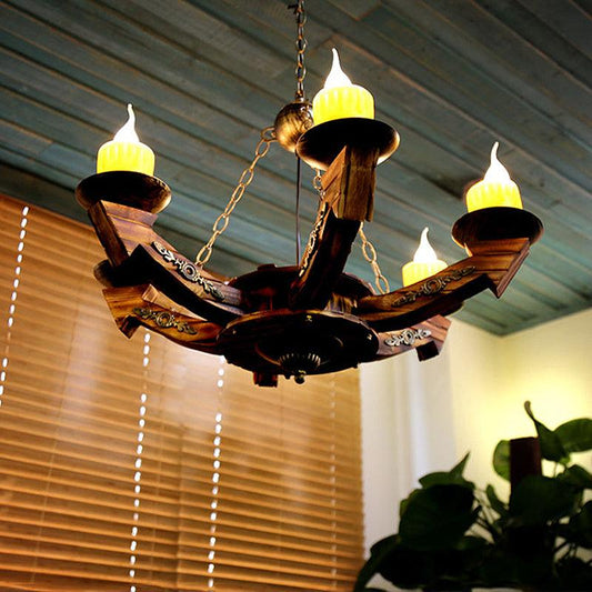 6 Lights Candle Chandelier Lamp Farmhouse Dark Wood Resin Pendant - Rebooters