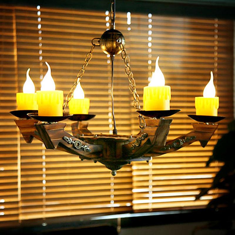 6 Lights Candle Chandelier Lamp Farmhouse Dark Wood Resin Pendant - Rebooters