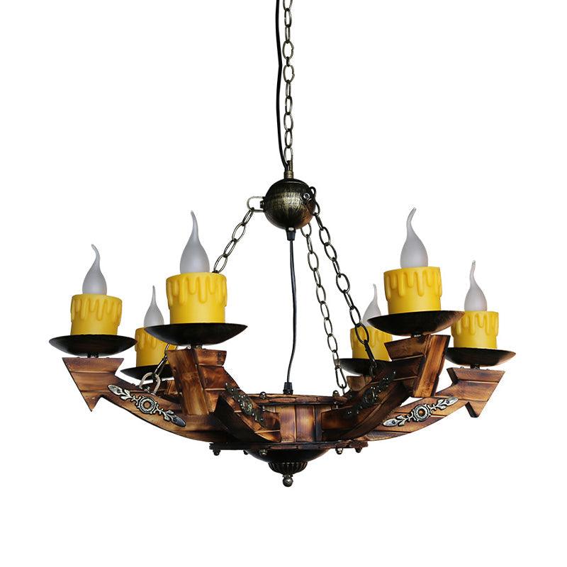 6 Lights Candle Chandelier Lamp Farmhouse Dark Wood Resin Pendant - Rebooters