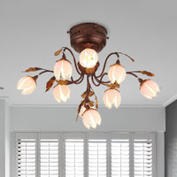 9 Lights Bedroom Semi Flush Countryside Rust Ceiling Light Fixture - Rebooters