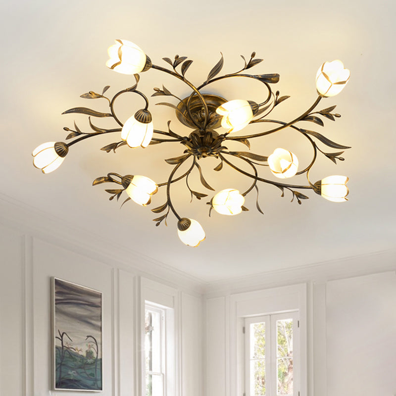 10 Lights Opal Glass Semi-Flush Mount Rustic Brass Blossom Ceiling Lighting - Rebooters