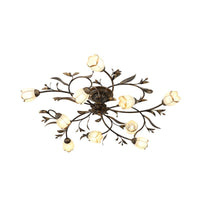 10 Lights Opal Glass Semi-Flush Mount Rustic Brass Blossom Ceiling Lighting - Rebooters