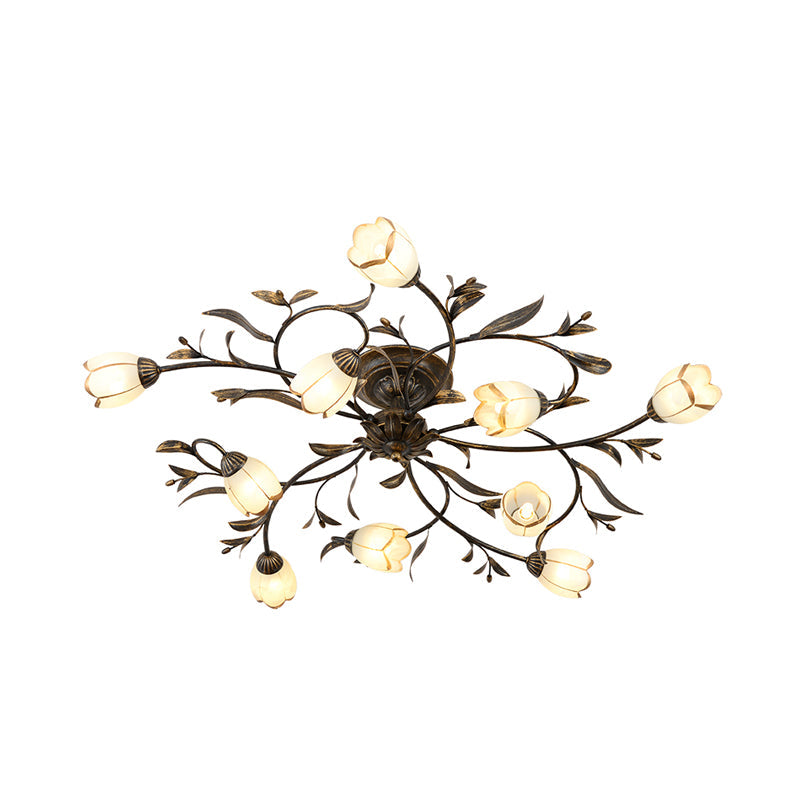 10 Lights Opal Glass Semi-Flush Mount Rustic Brass Blossom Ceiling Lighting - Rebooters