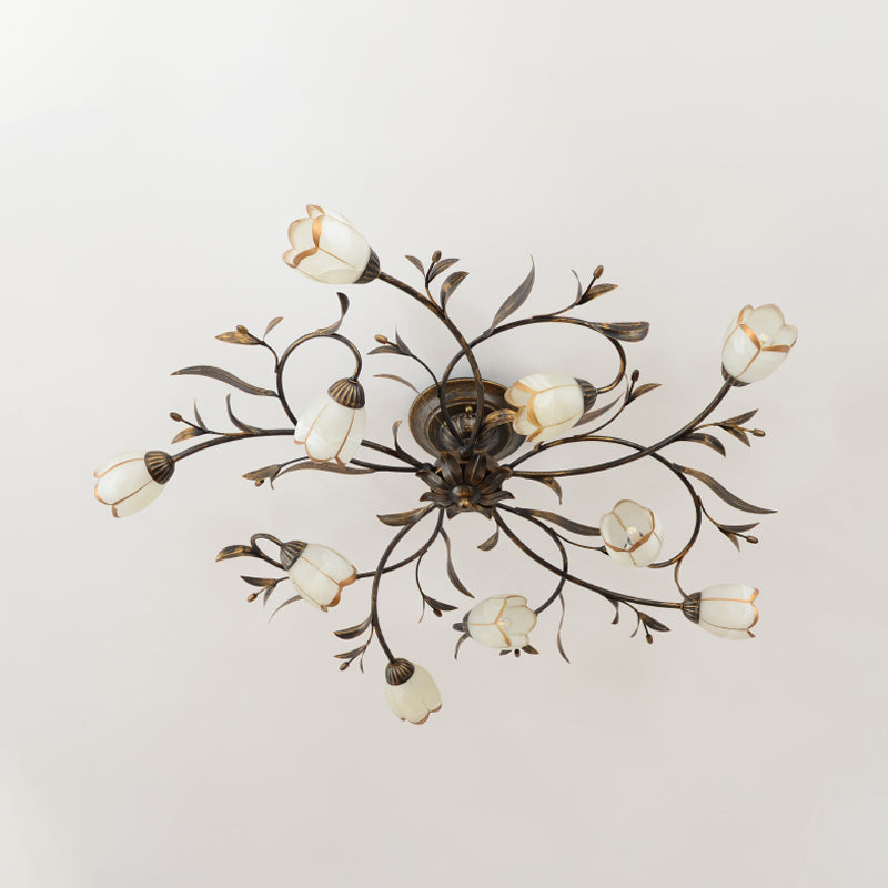 10 Lights Opal Glass Semi-Flush Mount Rustic Brass Blossom Ceiling Lighting - Rebooters