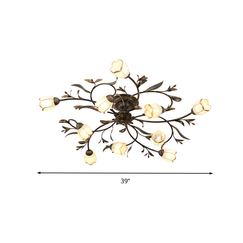 10 Lights Opal Glass Semi-Flush Mount Rustic Brass Blossom Ceiling Lighting - Rebooters