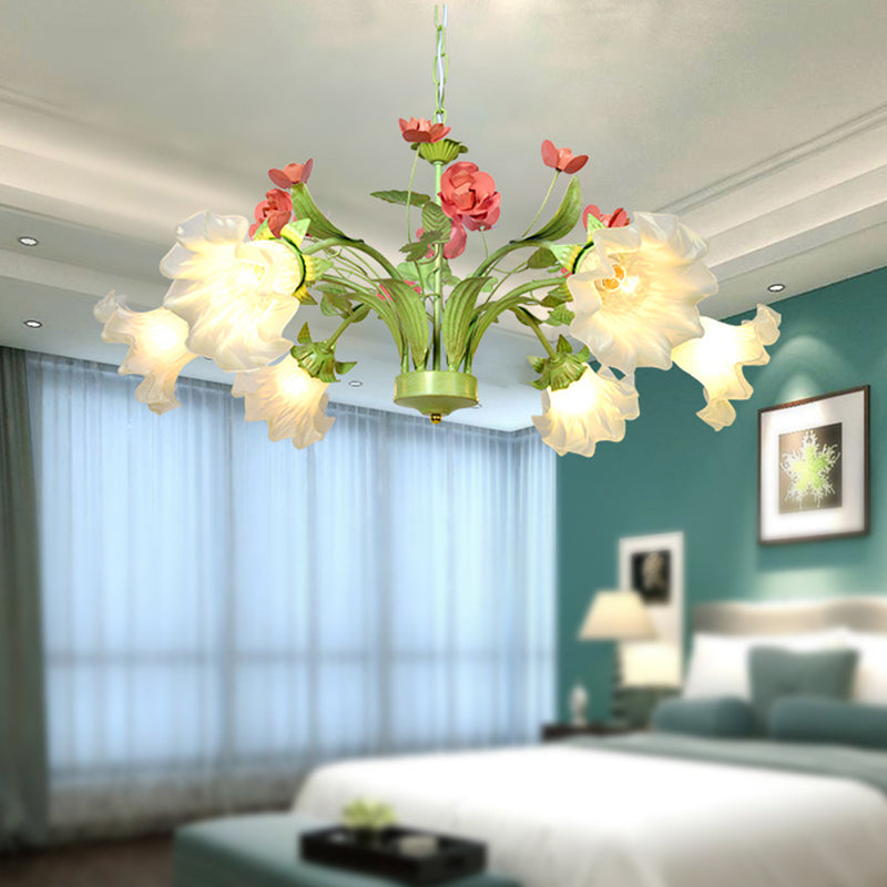 Traditional Flower Hanging Pendant 6 Heads Cream Glass Chandelier Lighting Fixture in Green - Rebooters