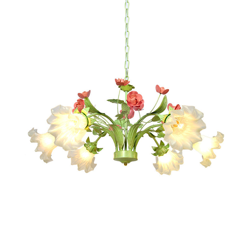 Traditional Flower Hanging Pendant 6 Heads Cream Glass Chandelier Lighting Fixture in Green - Rebooters