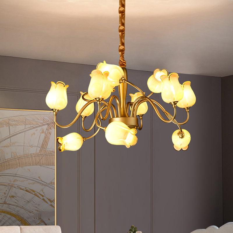 12 Lights Ceiling Chandelier Countryside Flower Beige Glass - Rebooters