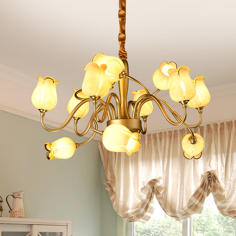 12 Lights Ceiling Chandelier Countryside Flower Beige Glass - Rebooters