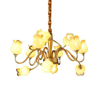 12 Lights Ceiling Chandelier Countryside Flower Beige Glass - Rebooters