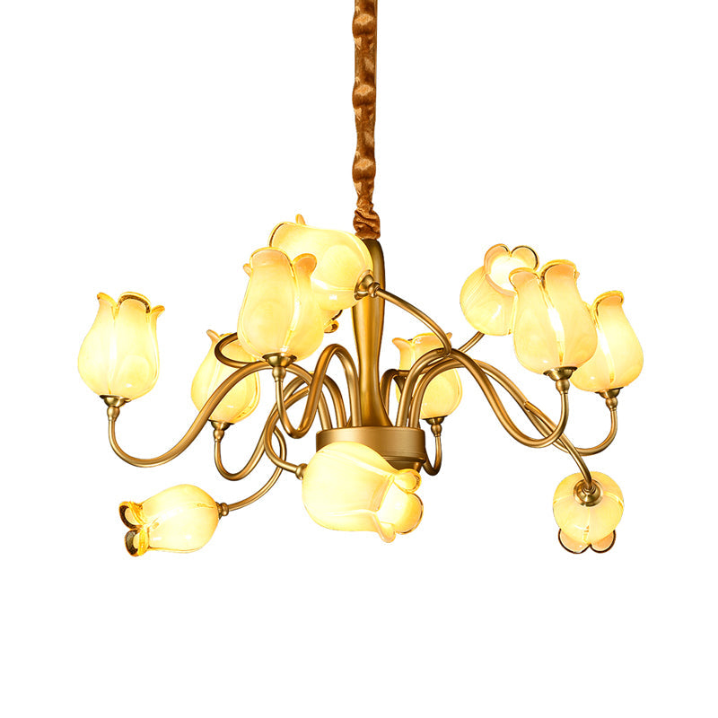 12 Lights Ceiling Chandelier Countryside Flower Beige Glass - Rebooters