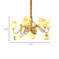 12 Lights Ceiling Chandelier Countryside Flower Beige Glass - Rebooters