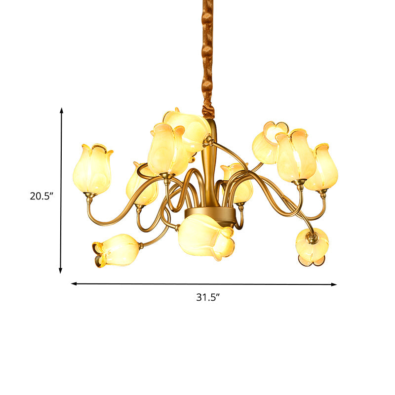 12 Lights Ceiling Chandelier Countryside Flower Beige Glass - Rebooters