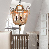 Bird Cage Pendant Chandelier Traditional Wood 3 Bulbs Light Tan - Rebooters