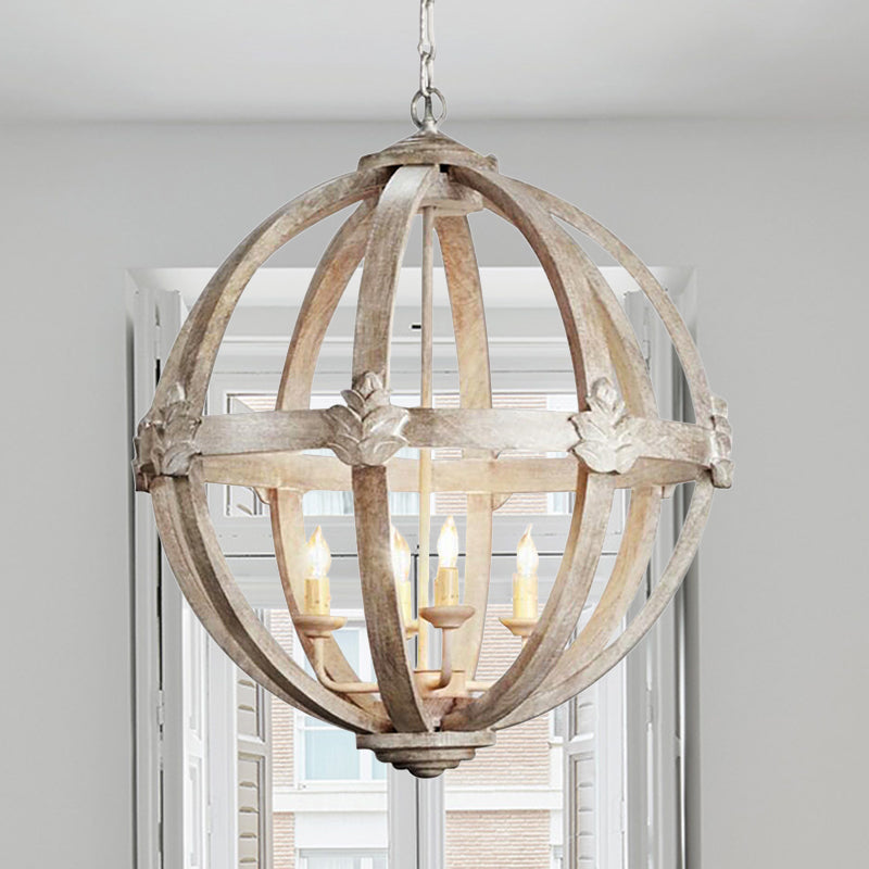 Wood Ball Chandelier Lamp Nordic 4 Bulbs Distressed White - Rebooters