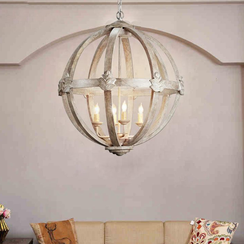 Wood Ball Chandelier Lamp Nordic 4 Bulbs Distressed White - Rebooters