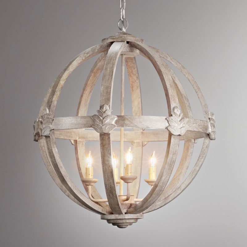 Wood Ball Chandelier Lamp Nordic 4 Bulbs Distressed White - Rebooters