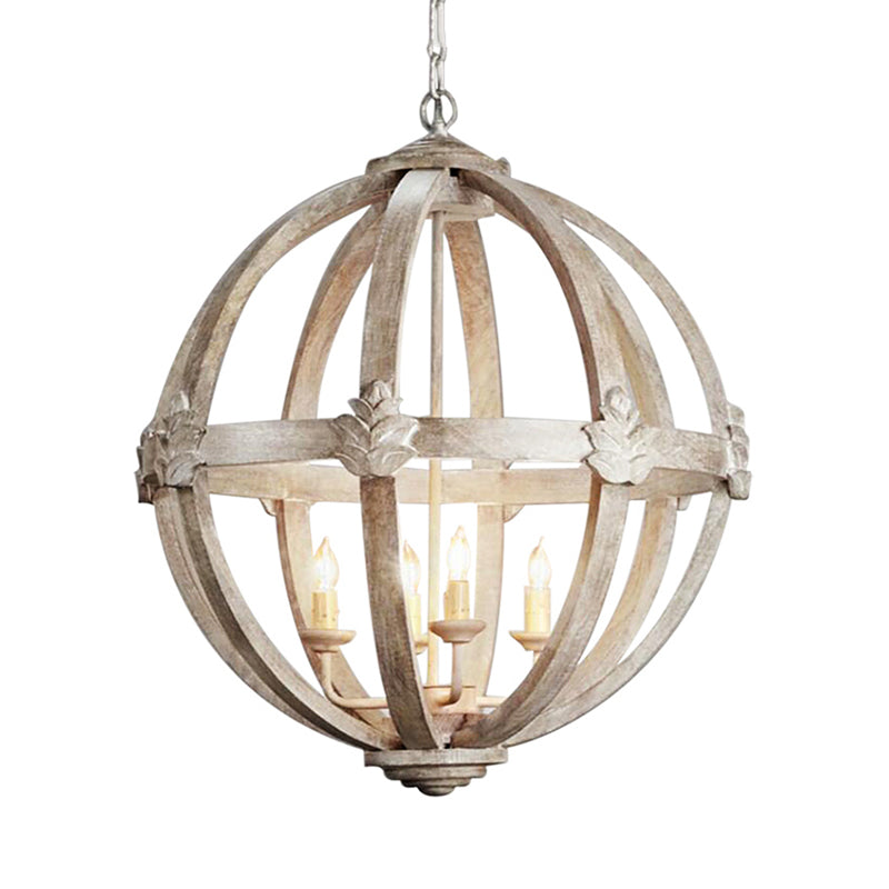 Wood Ball Chandelier Lamp Nordic 4 Bulbs Distressed White - Rebooters