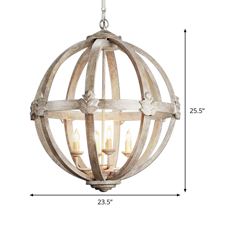 Wood Ball Chandelier Lamp Nordic 4 Bulbs Distressed White - Rebooters