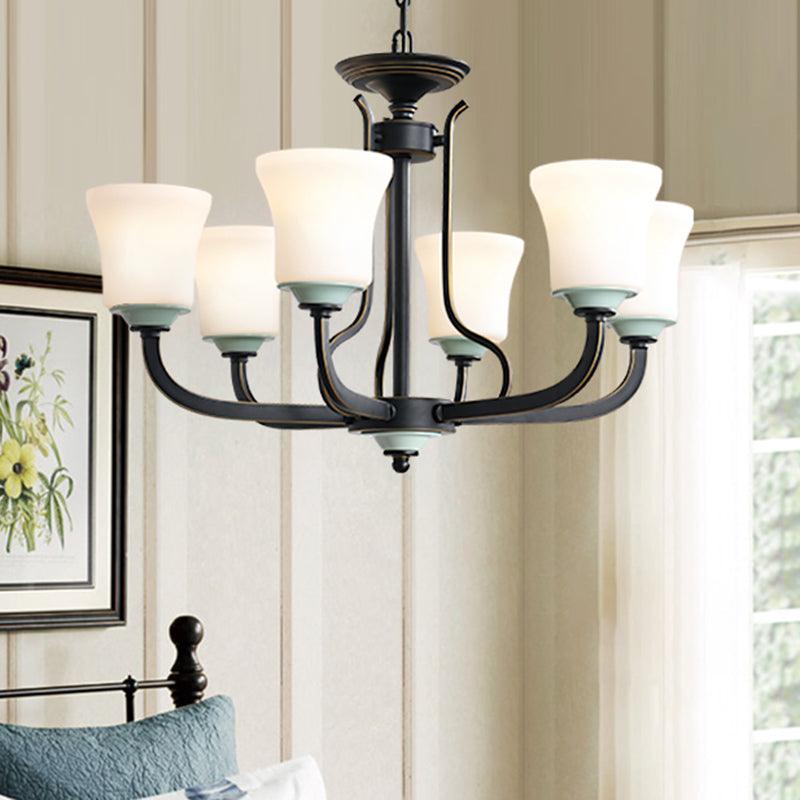 Bell Living Room Pendant Chandelier Traditional Opal Glass 3/6 Lights Black Fixture - Rebooters