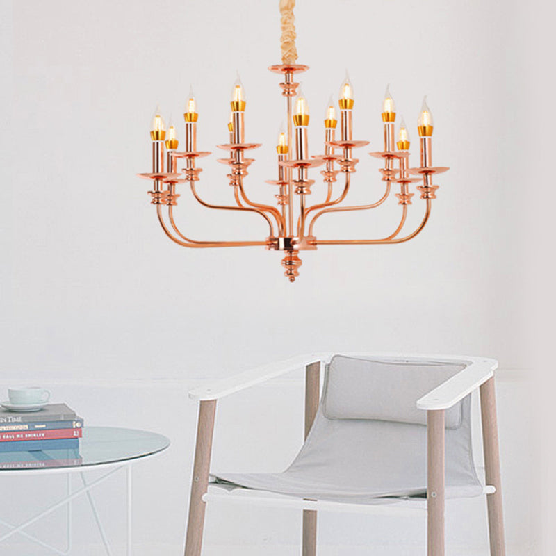 Candle-Style Living Room Pendant Chandelier Rose Gold 12 Lights - Rebooters