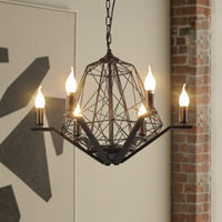 6 Lights Ceiling Light Traditional Candle Metal Hanging Chandelier in Black White Geometric Cage - Rebooters