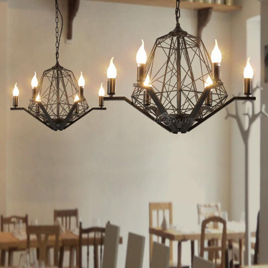 6 Lights Ceiling Light Traditional Candle Metal Hanging Chandelier in Black White Geometric Cage - Rebooters