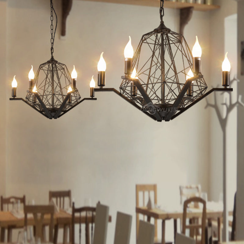 6 Lights Ceiling Light Traditional Candle Metal Hanging Chandelier in Black White Geometric Cage - Rebooters