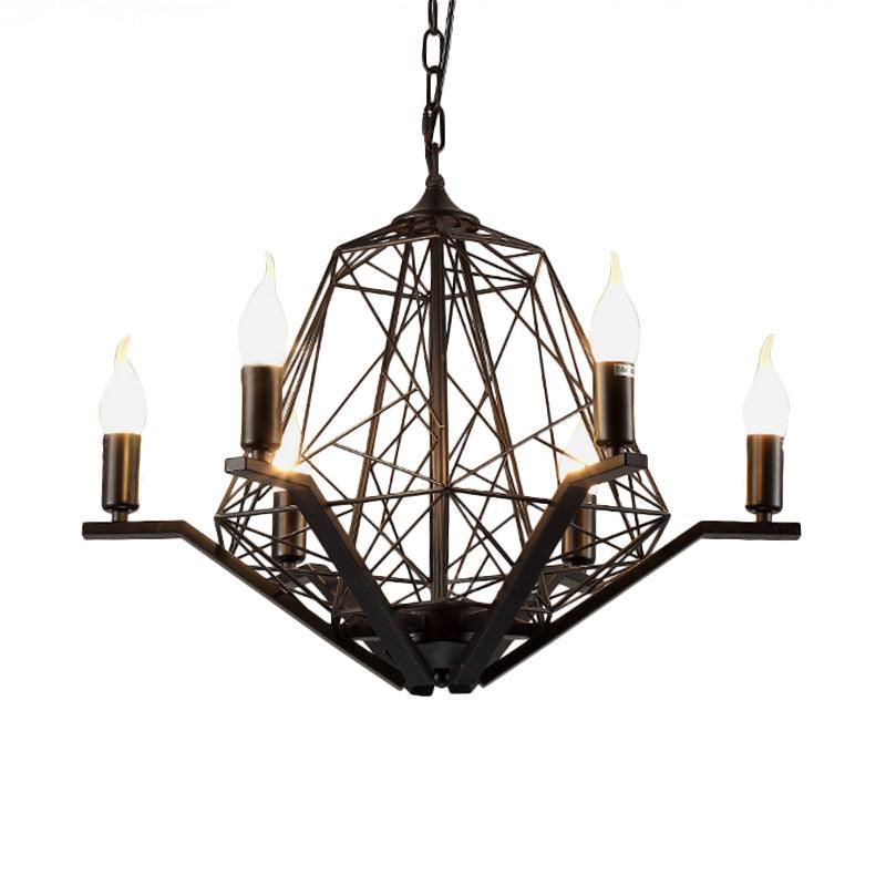 6 Lights Ceiling Light Traditional Candle Metal Hanging Chandelier in Black White Geometric Cage - Rebooters