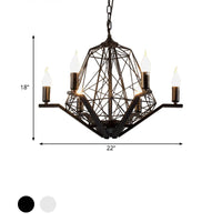 6 Lights Ceiling Light Traditional Candle Metal Hanging Chandelier in Black White Geometric Cage - Rebooters