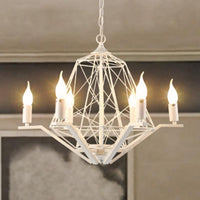 6 Lights Ceiling Light Traditional Candle Metal Hanging Chandelier in Black White Geometric Cage - Rebooters
