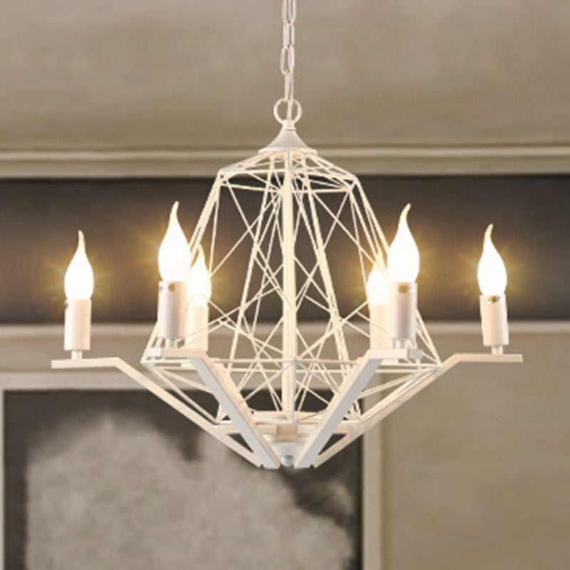6 Lights Ceiling Light Traditional Candle Metal Hanging Chandelier in Black White Geometric Cage - Rebooters