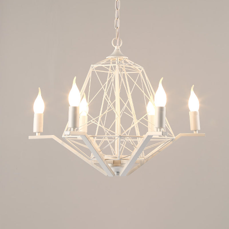 6 Lights Ceiling Light Traditional Candle Metal Hanging Chandelier in Black White Geometric Cage - Rebooters