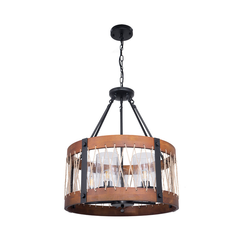 Wood Drum Chandelier Lamp Farmhouse 5-Head Ceiling Light - Rebooters