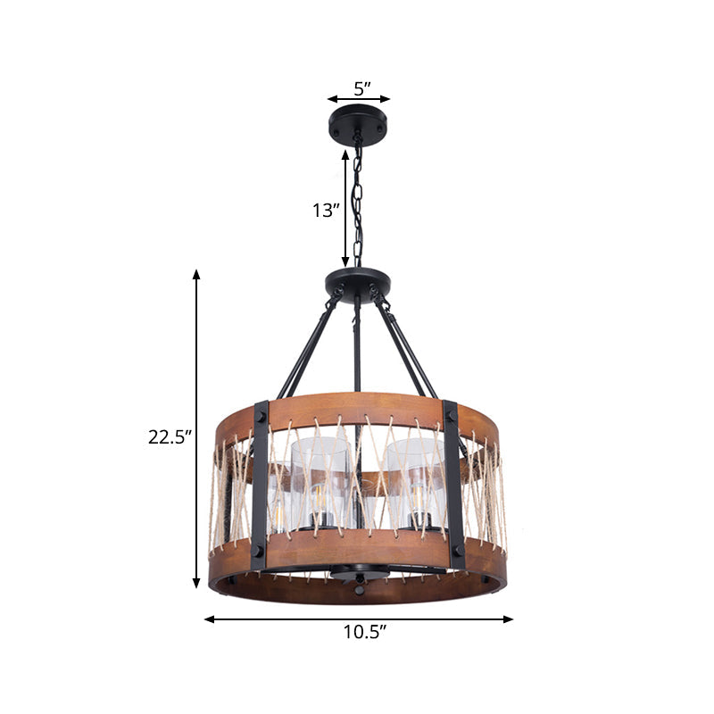 Wood Drum Chandelier Lamp Farmhouse 5-Head Ceiling Light - Rebooters