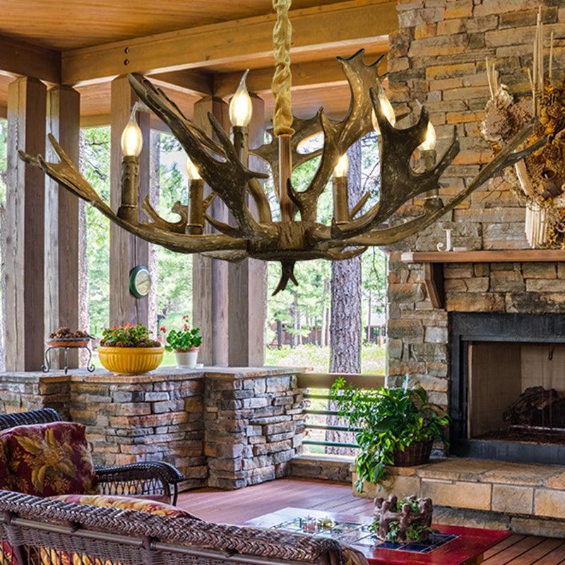 6 Lights Resin Chandelier Lamp Farmhouse Brown Candle Shape Pendant - Rebooters