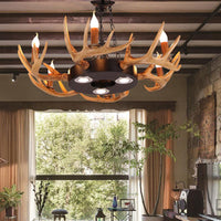 6 Lights Resin Chandelier Lamp Village Wood Candelabra Pendant - Rebooters