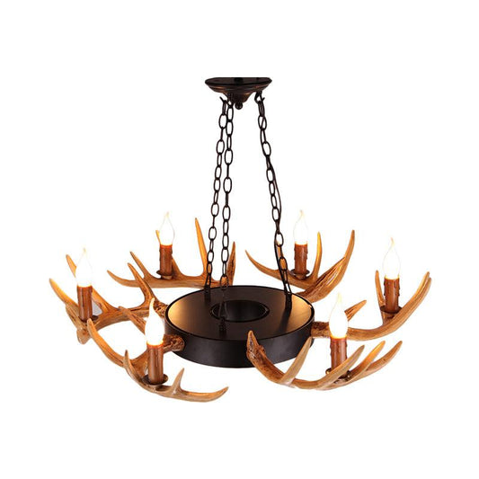 6 Lights Resin Chandelier Lamp Village Wood Candelabra Pendant - Rebooters